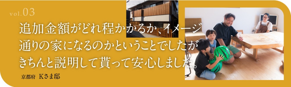 vol.03 追加金額がどれ程かかるか、イメージ通りの家になるのかということでしたがきちんと説明して貰って安心しました。 京都府 Kさま邸